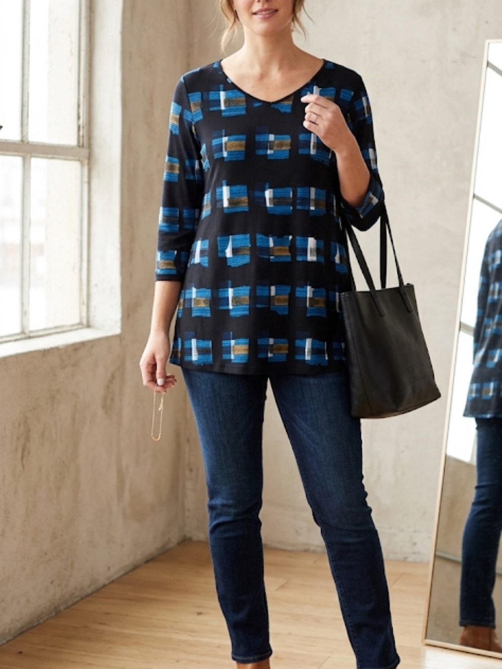 Clara Sun Woo Abstract Print Grid Stretch Knit Top Size S